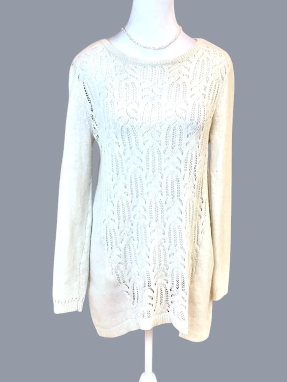 Sundance Sweater Wool Alpaca Ivory Tunic Open Weave Front (S)